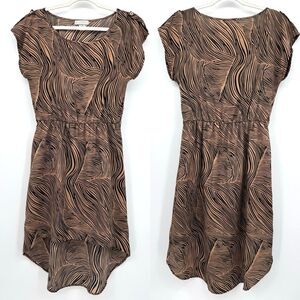 Vintage Toska Hi-Lo Dress Brown Black Leaf Print Summer Short Sleeve Casual Sz L